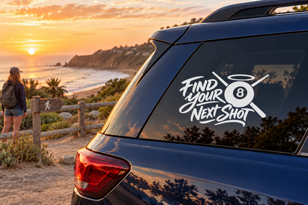 Vinyl car decal: Find Your Next Shot with 8-ball icon