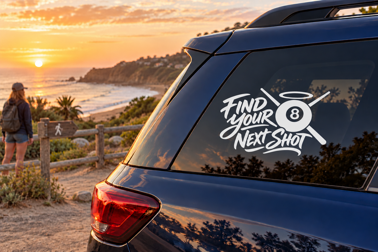 Vinyl car decal: Find Your Next Shot with 8-ball icon