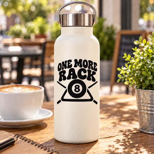 White bottle with black 'One More Back' 8-ball vinyl decal graphic