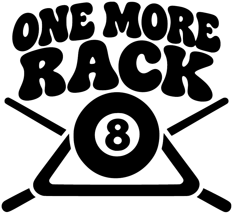 Vinyl decal design: 'One More Back' text with 8-ball and crossed cue sticks