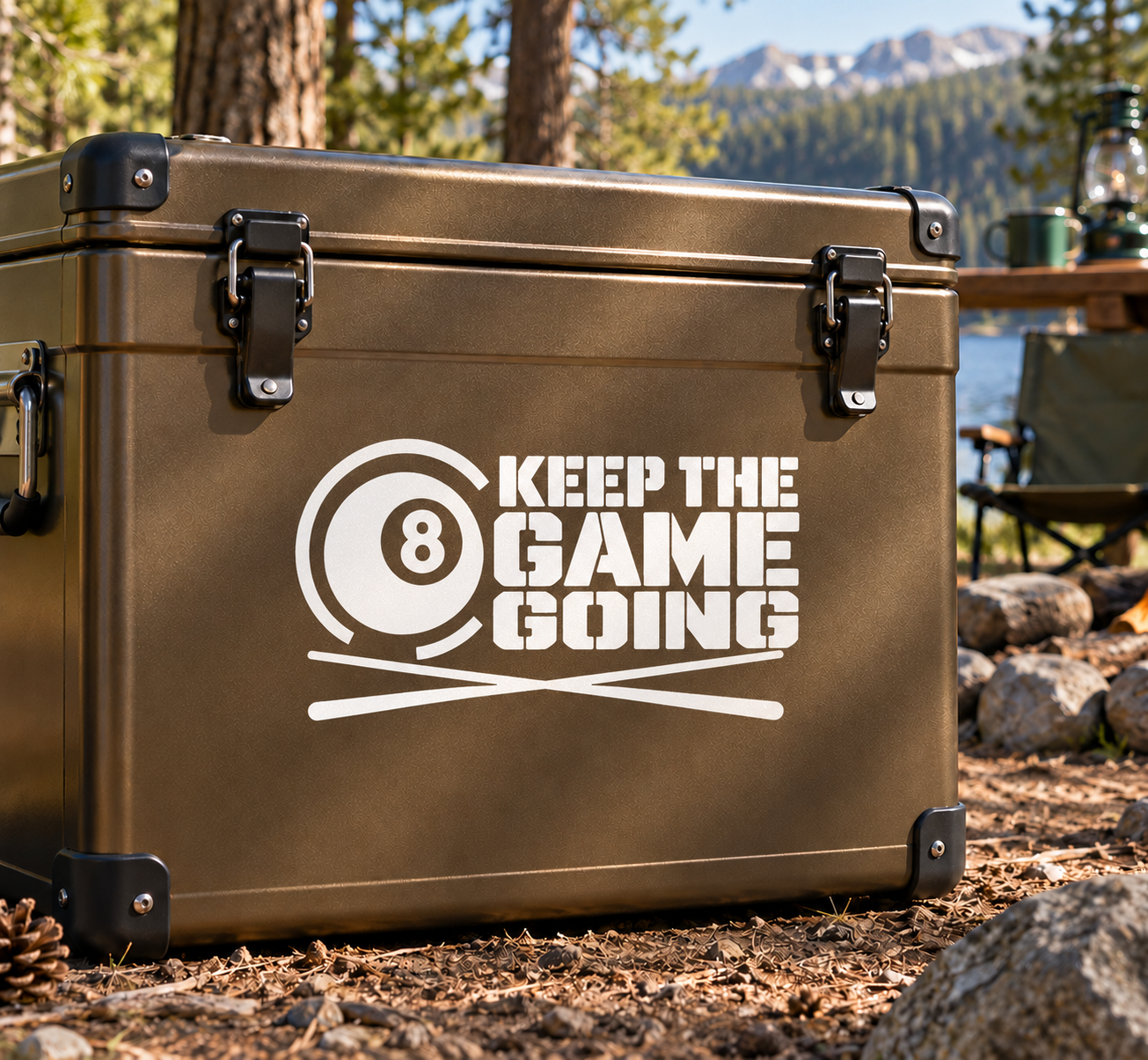 Vinyl decal with circular 8 ball icon and “KEEP THE GAME GOING” text