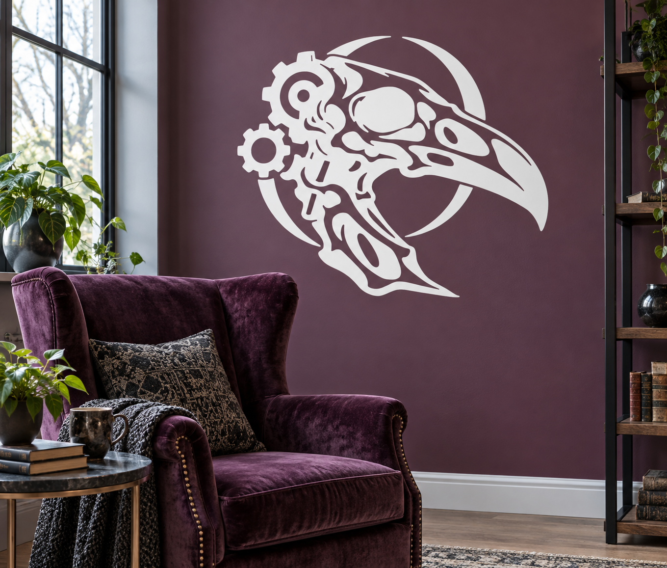 White biomechanical raven skull vinyl decal graphic
