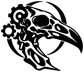 Black raven skull vinyl decal with gear and white biomechanical details
