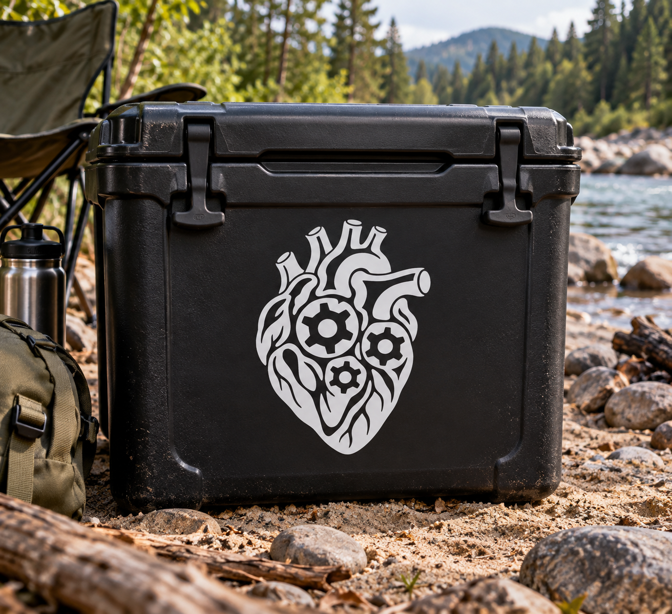 Gear heart vinyl decal with biomechanical flame pattern and three gear icons on black case