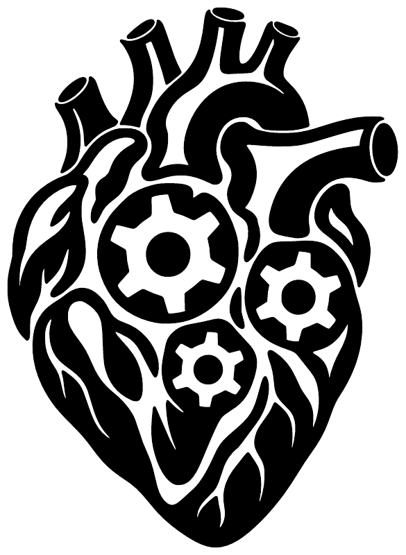 Black gear heart vinyl decal with three gear icons in a biomechanical flame pattern