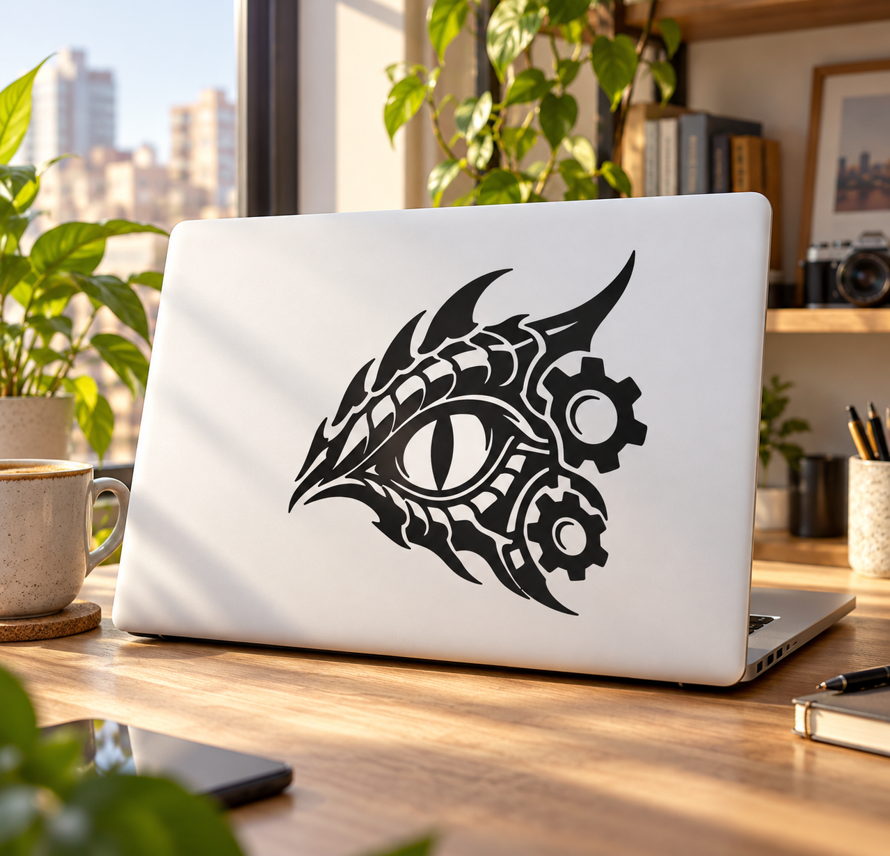 Black biomechanical dragon eye vinyl decal on white laptop lid