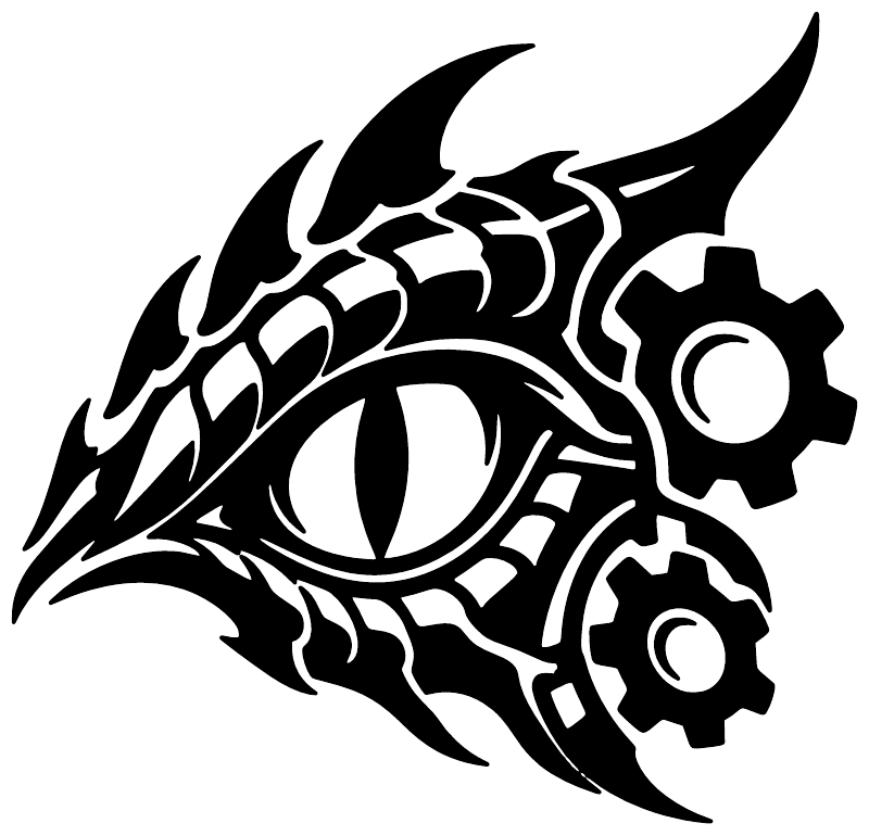 Black biomechanical dragon eye vinyl decal, close-up