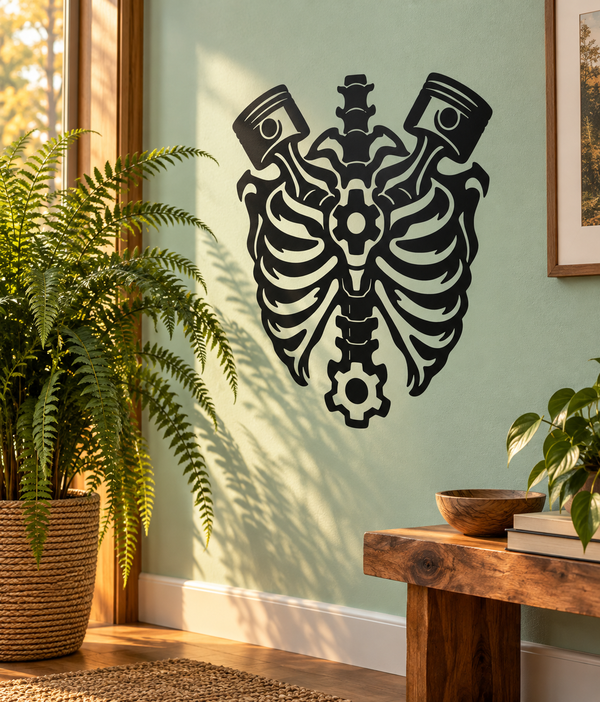 Biomechanical ribcage emblem vinyl decal, black skeletal gears and spine design