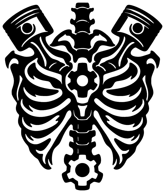 Biomechanical ribcage emblem vinyl decal, black close-up with gears and spine