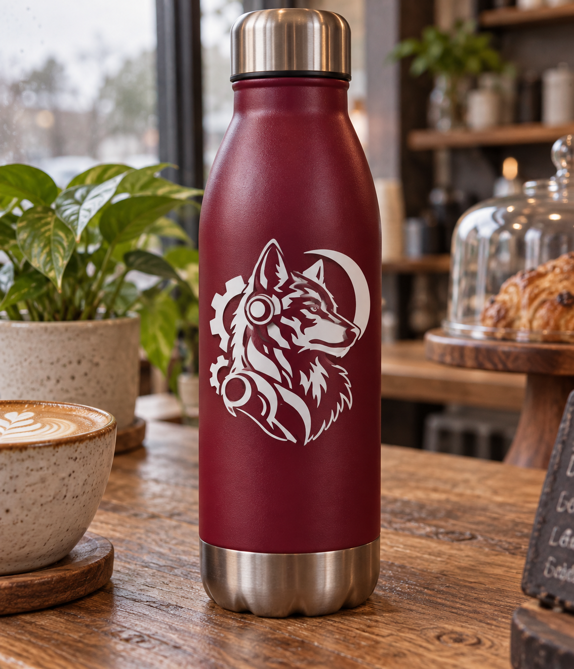 Cyborg wolf portrait vinyl decal on maroon tumbler with white graphic