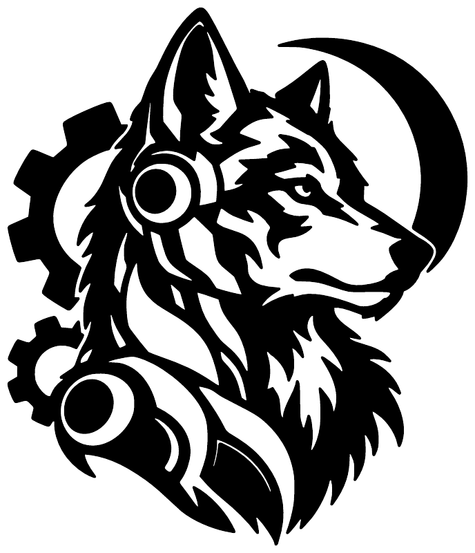 Cyborg wolf portrait vinyl decal, black-and-white biomechanical head design