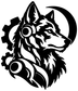 Cyborg wolf portrait vinyl decal, black-and-white biomechanical head design
