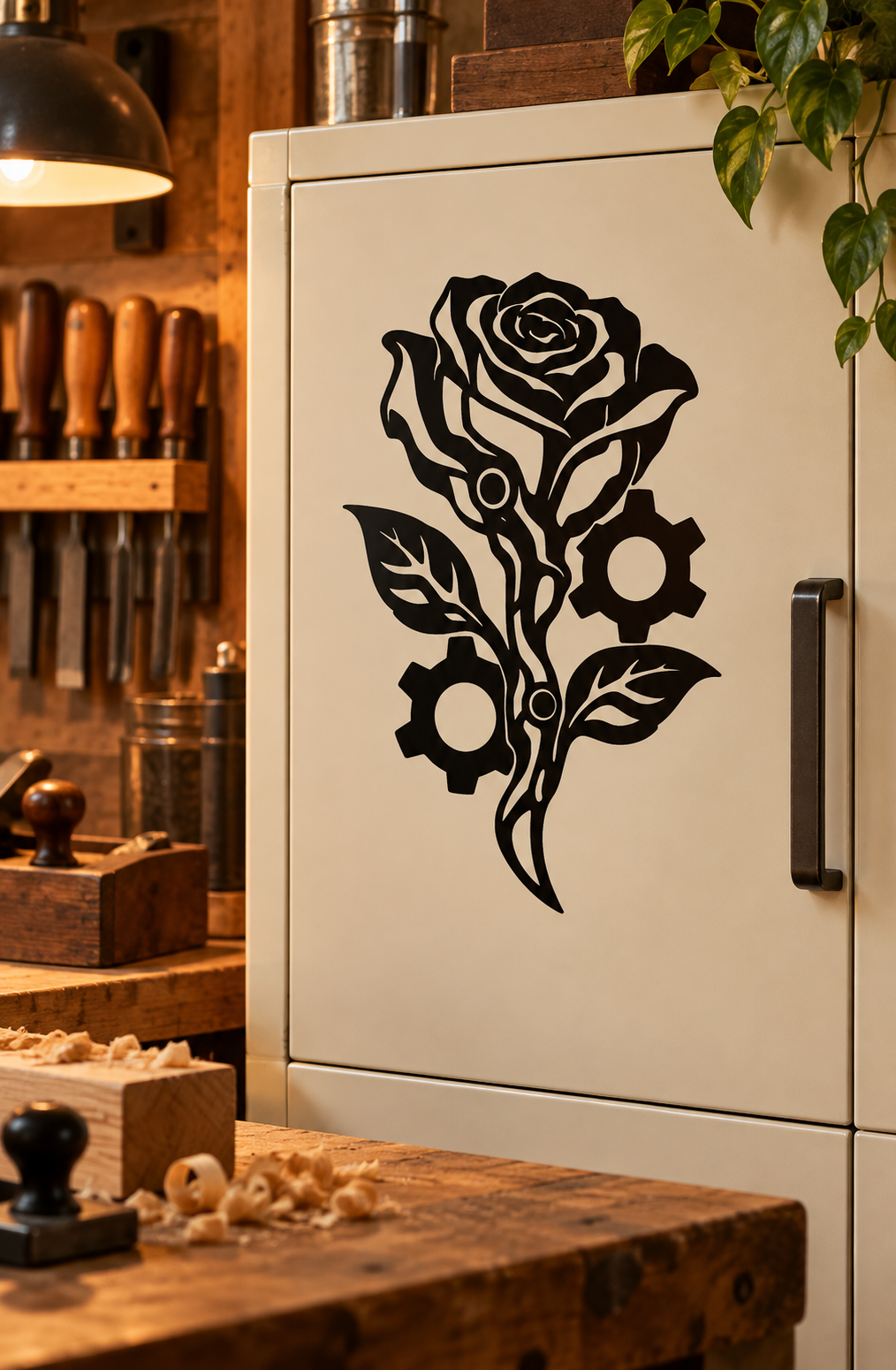 Black mechanized rose vinyl decal with gears and leafed branches on door