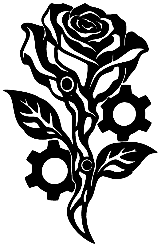 Black biomechanical rose vinyl decal with circular gears, leaves, and thorny stem
