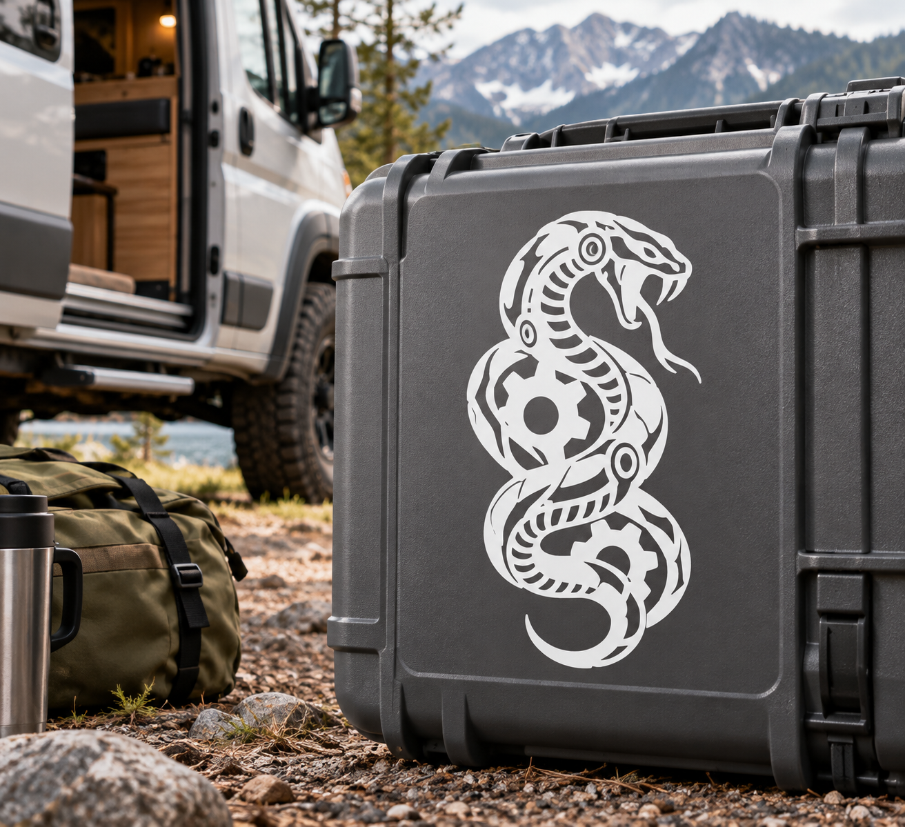 Grey vinyl decal of white biomechanical coiled snake on hard case