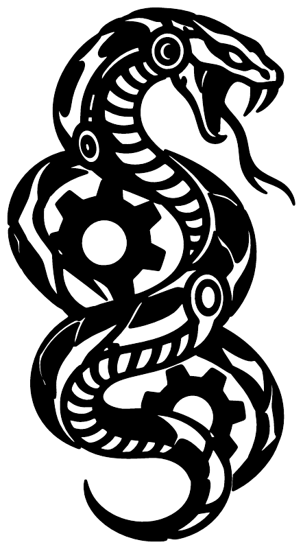 Black biomechanical coiled snake vinyl decal graphic with white gear and circles