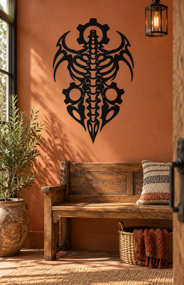 Black biomechanical spine crest vinyl decal on wall, symmetrical gear and claw design