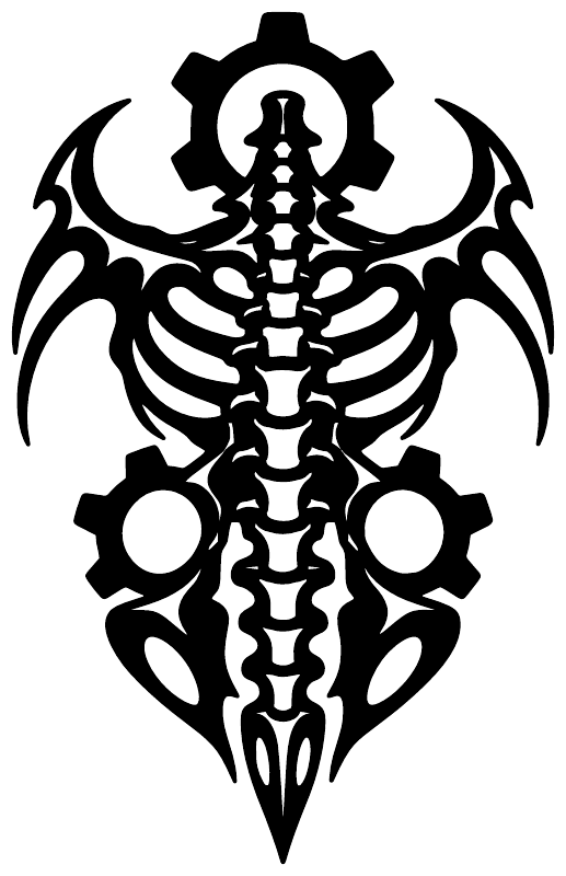 Black biomechanical spine crest vinyl decal, close-up symmetrical gear and spine emblem