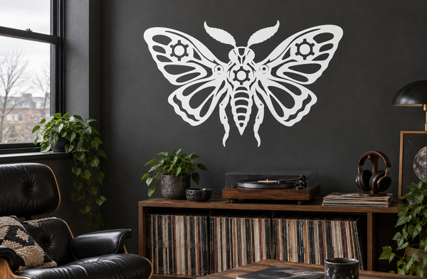 Clockwork moth vinyl decal with biomechanical gears and ornate wings, white design