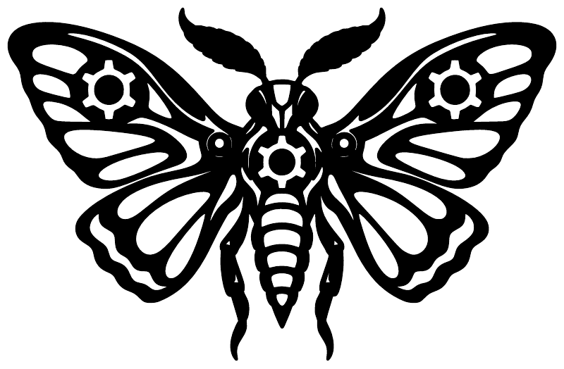 Clockwork moth vinyl decal, black biomechanical gear wings and antenna details