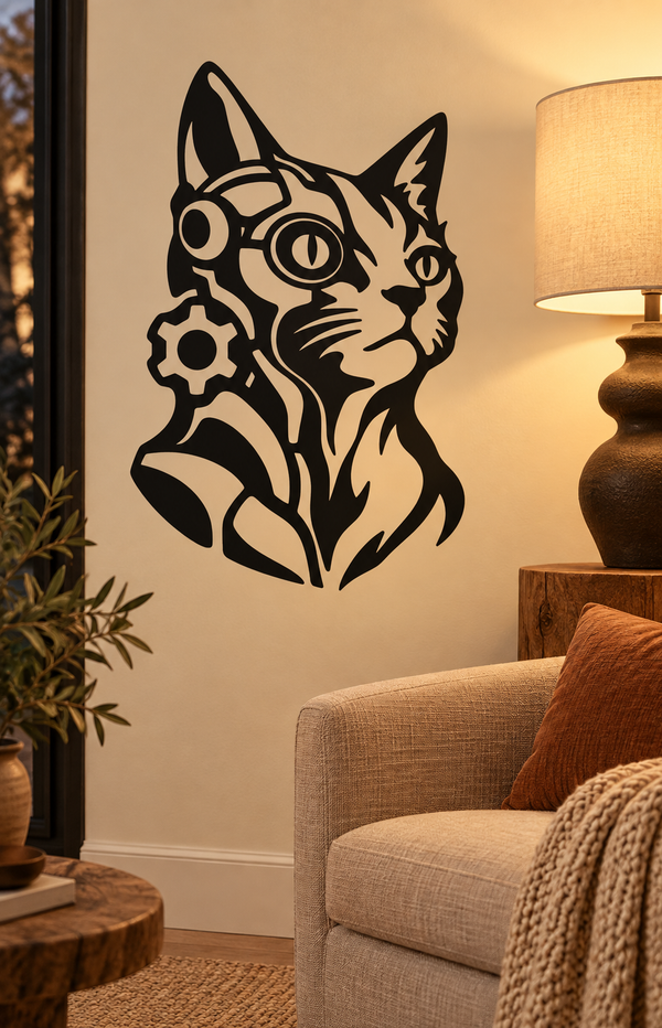 Cyborg cat vinyl decal with goggles and gear, black biomechanical portrait