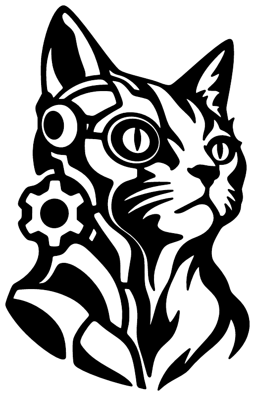 Cyborg cat vinyl decal close-up, black cat face with goggles and gear motif