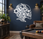 Black-and-white piston skull profile vinyl decal with gear details