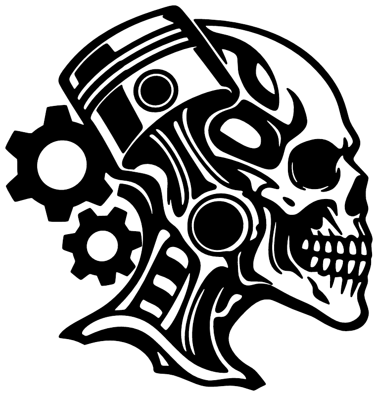 Biomechanical skull profile vinyl decal in black and white with pistons and gears