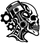 Biomechanical skull profile vinyl decal in black and white with pistons and gears