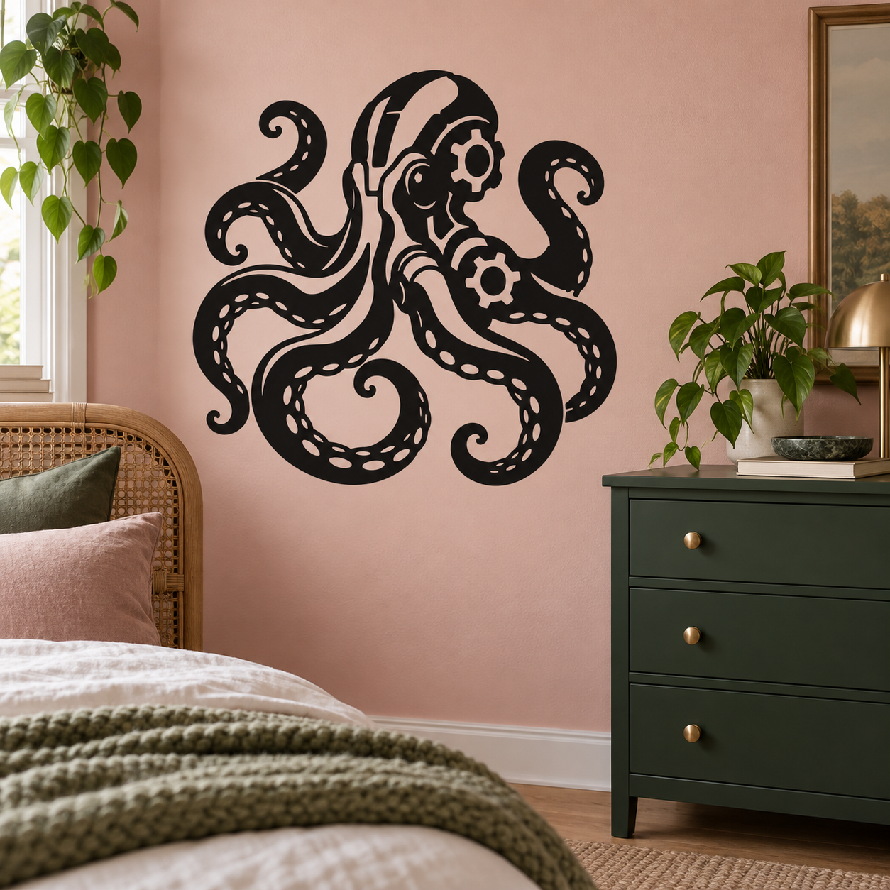 Mechanical octopus vinyl decal with black biomechanical tentacles and white highlights.