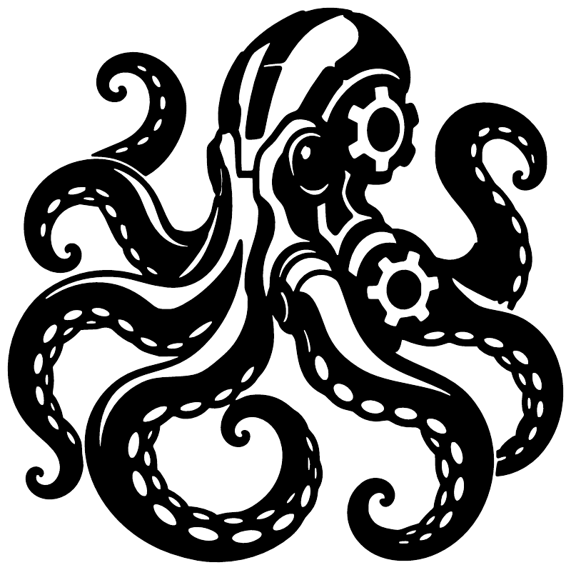 Black and white mechanical octopus vinyl decal, bold tentacles and gear-like center.