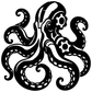 Black and white mechanical octopus vinyl decal, bold tentacles and gear-like center.