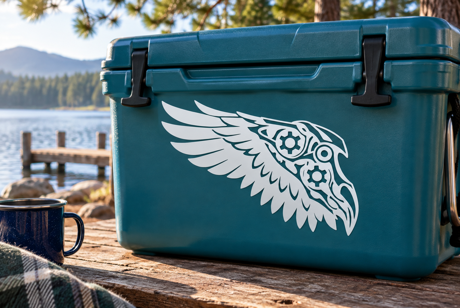 Eagle wing vinyl decal with biomechanical eagle head, white graphic on dark surface