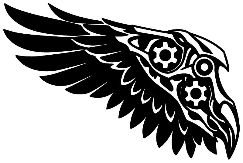 Biomechanical eagle wing vinyl decal, black and white with gear-pattern head