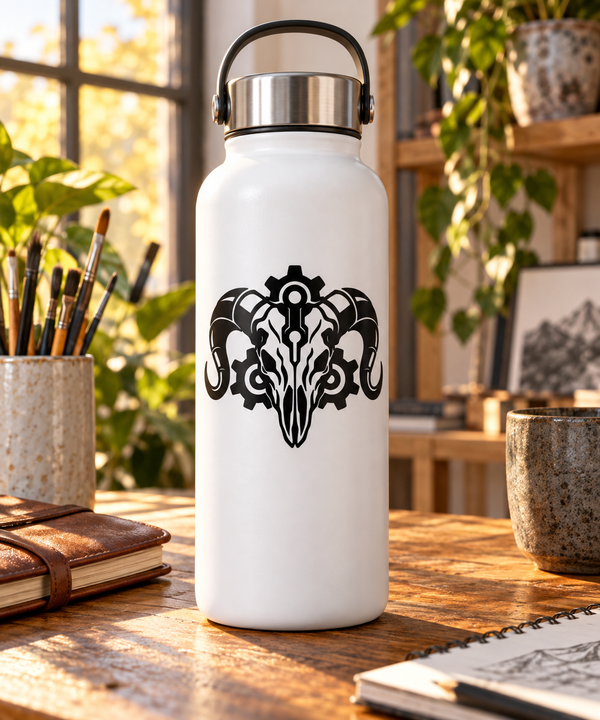 Ram skull horn vinyl decal, black biomechanical emblem on white bottle
