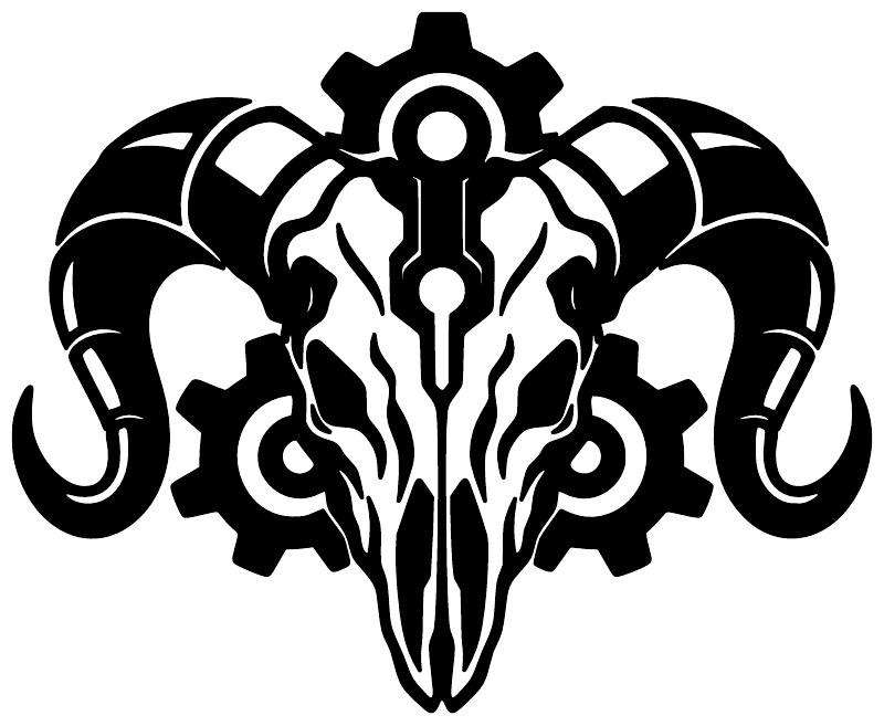 Black biomechanical ram skull with horn vinyl decal on white background