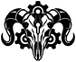 Black biomechanical ram skull with horn vinyl decal on white background