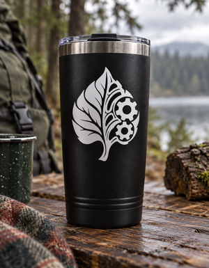 Mechanical leaf emblem vinyl decal on black cup, black and white gear tree logo