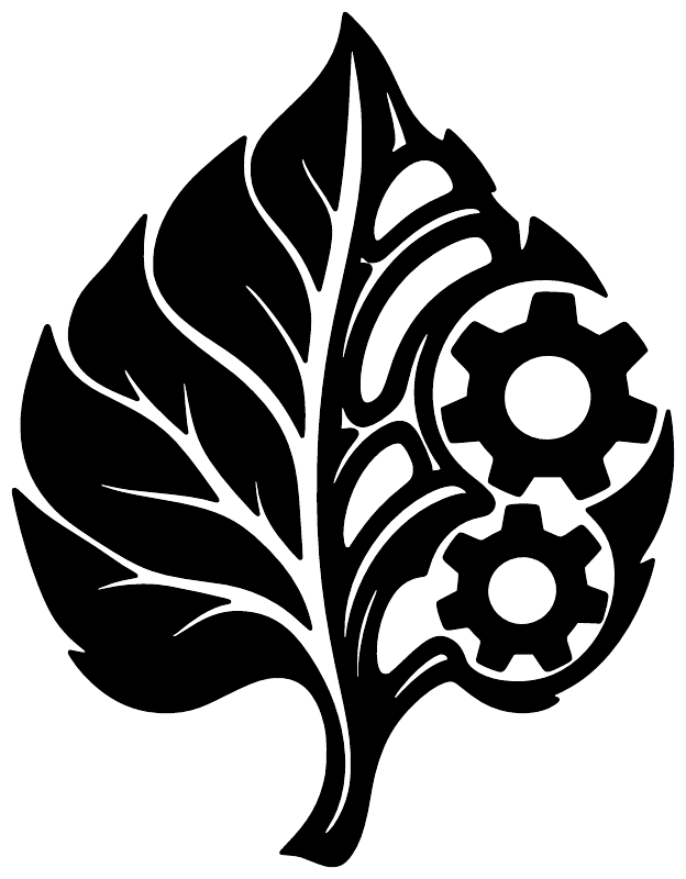 Mechanical leaf emblem vinyl decal: black leaf tree with white gear motifs