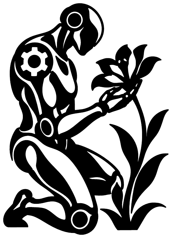 Black vinyl decal silhouette of a robot holding a flower with leaves