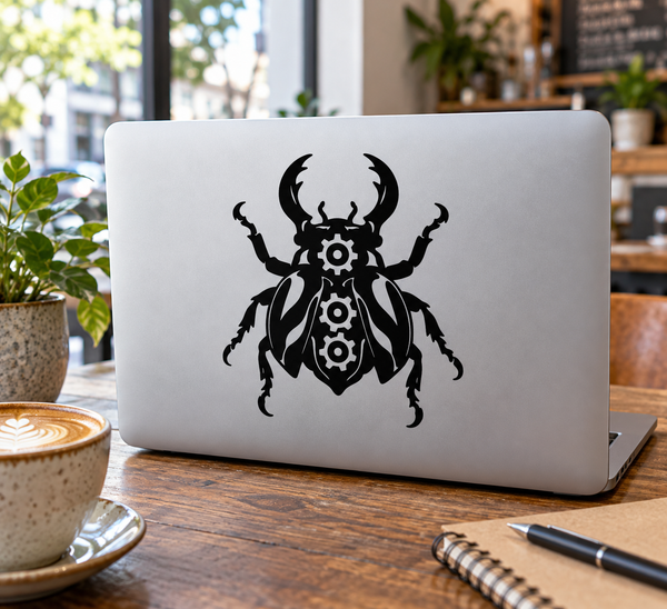 Clockwork beetle vinyl decal with black gear-driven insect design