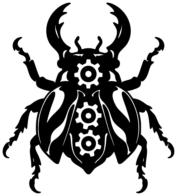 Black clockwork beetle vinyl decal with gear eyes and extended antennae
