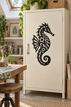 Biomechanical seahorse vinyl decal with black gear and mechanical line details