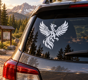 Mechanical phoenix vinyl decal in white on a car rear window