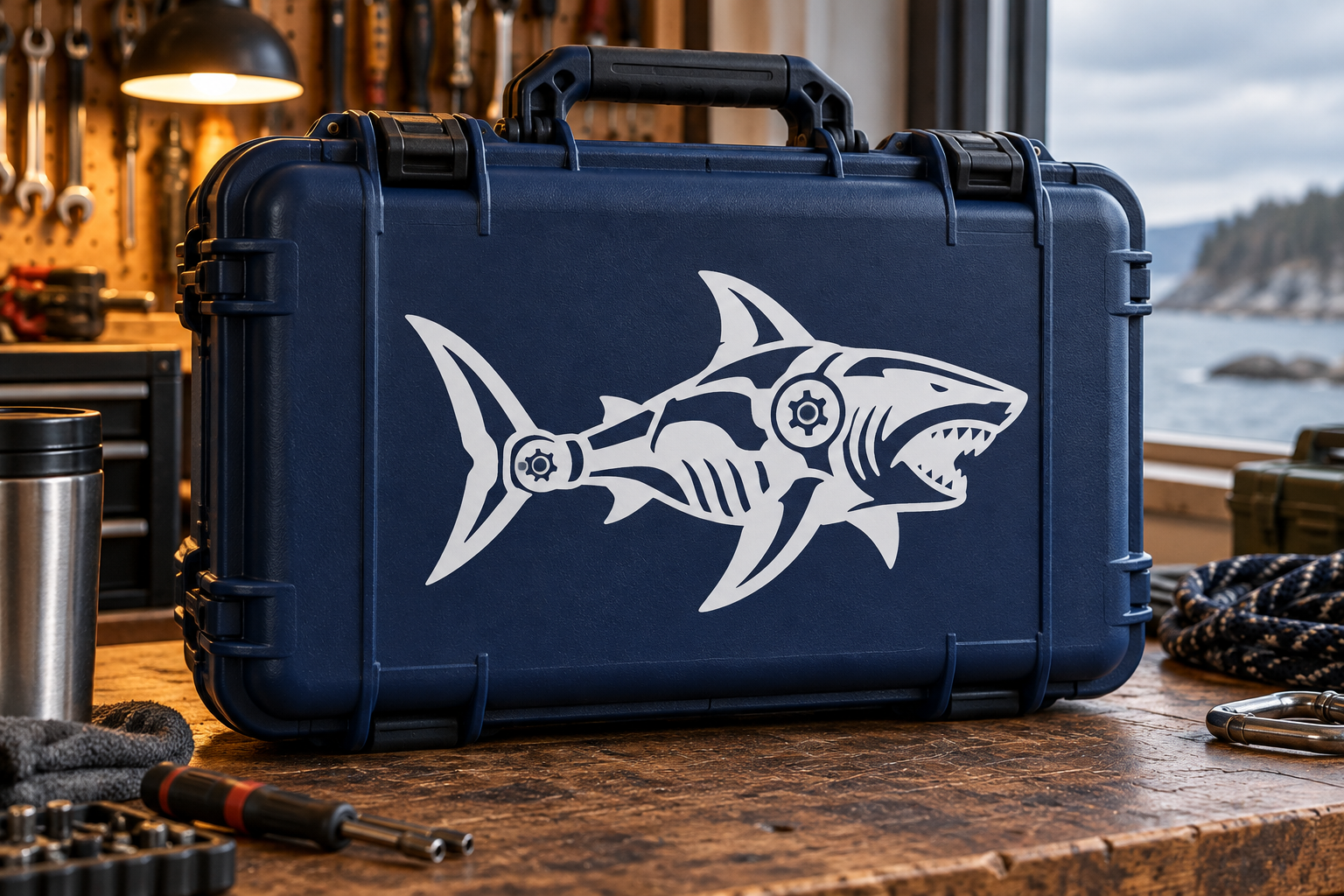 Biomechanical shark profile vinyl decal in white on dark blue