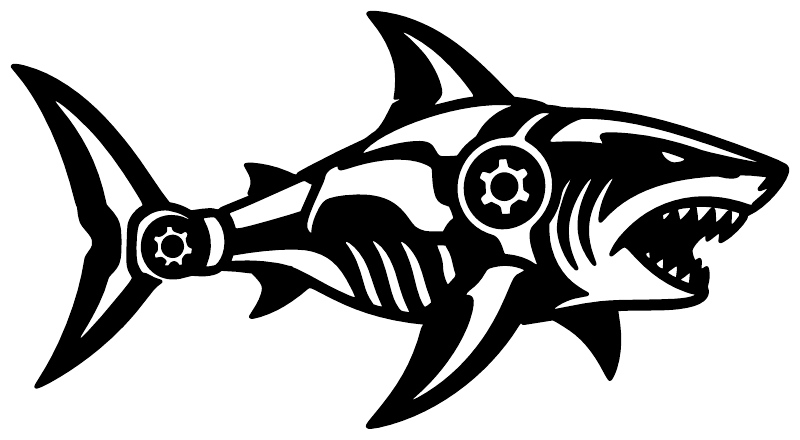 Biomechanical shark profile vinyl decal, black and white side view
