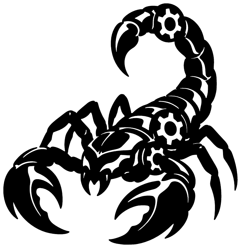 Black biomechanical scorpion vinyl decal, close-up gear detailing and raised claws