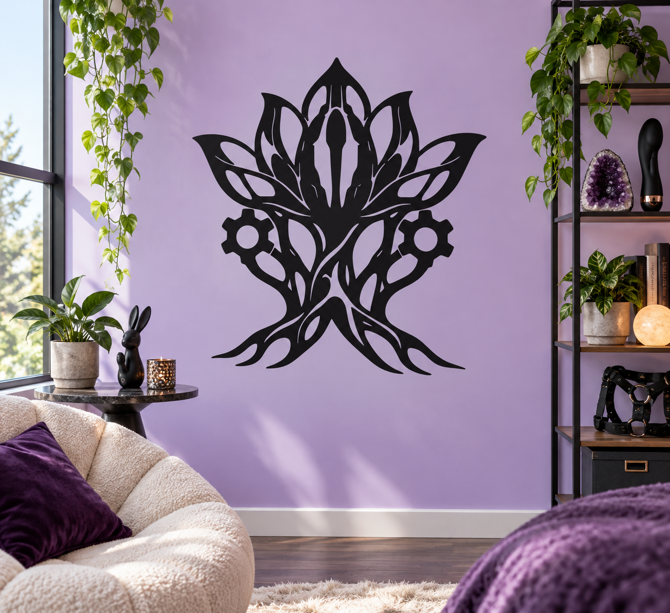 Black biomechanical lotus vinyl decal with gear details and symmetrical flame-like petals
