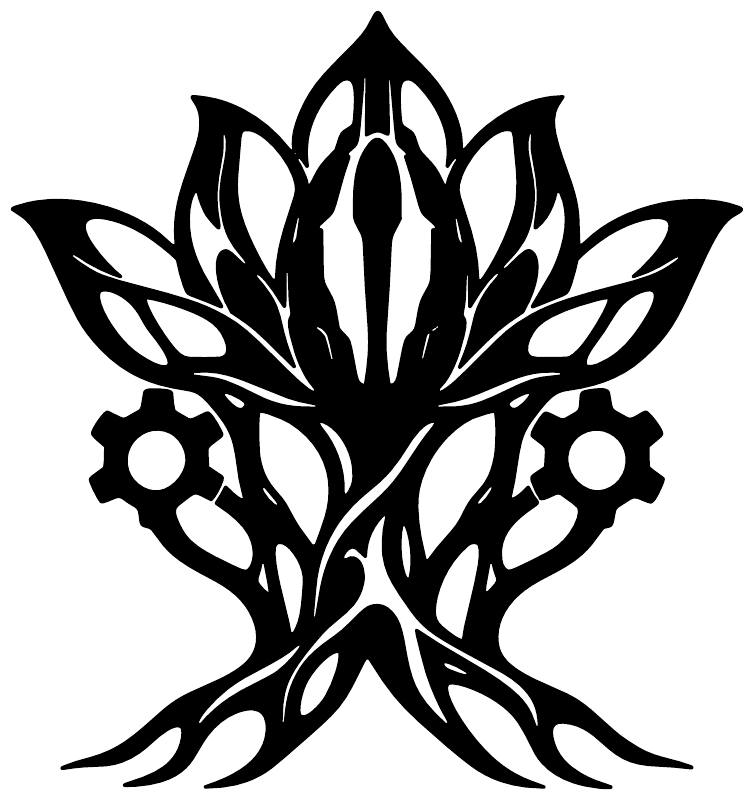 Black biomechanical lotus vinyl decal with gear accents and sharp petal design