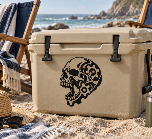 Biomechanical skull jaw vinyl decal, black gear details on tan surface